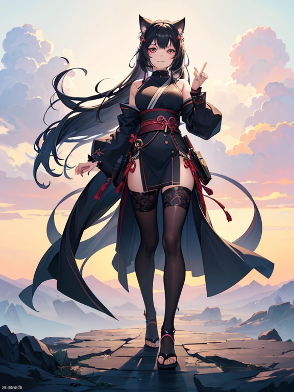 long hair, black hair, medium breast, slim legs, happy, blue gown, cleavage, arabian belly dancer , short skirt, rin tohsaka, twin tail, navel, garden, blue eyes, tiara, standing, thigh high socks, sunlight, shoulderless