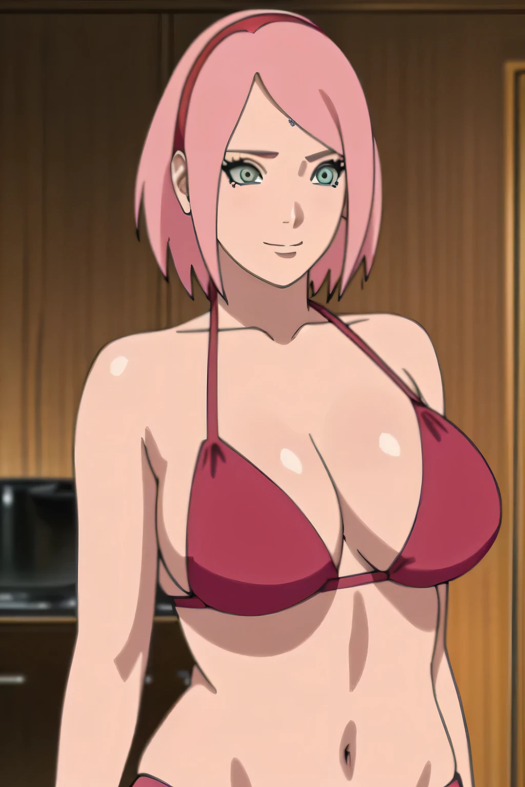 Sakura, pink hair, short hair, 1girl, in A smile Cooking in your room, , (Big breast),(((wearing a red  bikini)showing a lot of cleavage )Large breasts, detailed eyes , Detailed face , (((detailed eyes))) , 4k , high quality, detailed eyes , sexy eyes ,  blushing little   