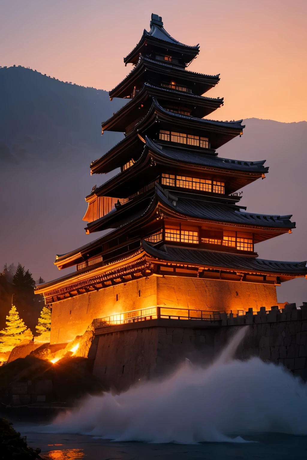 ((Himeji Castle, a world heritage site, shines blue-white in the magical fog on a pitch-black night.)), ((Himeji Castle, a national treasure, shines blue-white on a pitch-black night, shrouded in magical fog.)), (neon light effect:1.4), (black light effect:1.4), BREAK ((Best Quality, 8k))