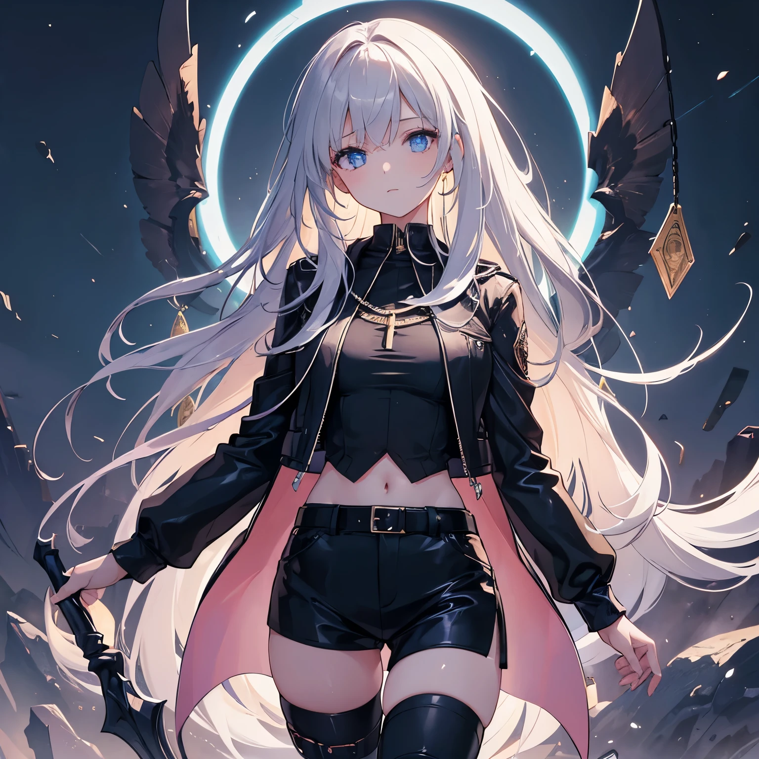 (1 Girl:1.3), alone,__Body Parts__, Official Art, 8k unit wallpaper,  super detailed , Close-up of face,   beautiful and beautiful  , Gorgeous, masterpiece,  are of the best quality , Great atmosphere, Calming Palette, Peaceful Mood,  soft shadows , Priestess witch, Charm Spell, Family Amulet, Priestess Duties, Dark Aesthetics, Suit and tie，Black leather shorts，There are many chains hanging on the body，And a black leather jacket,  Tokyo city in the background, (#100: Messy Purple Short Hair),