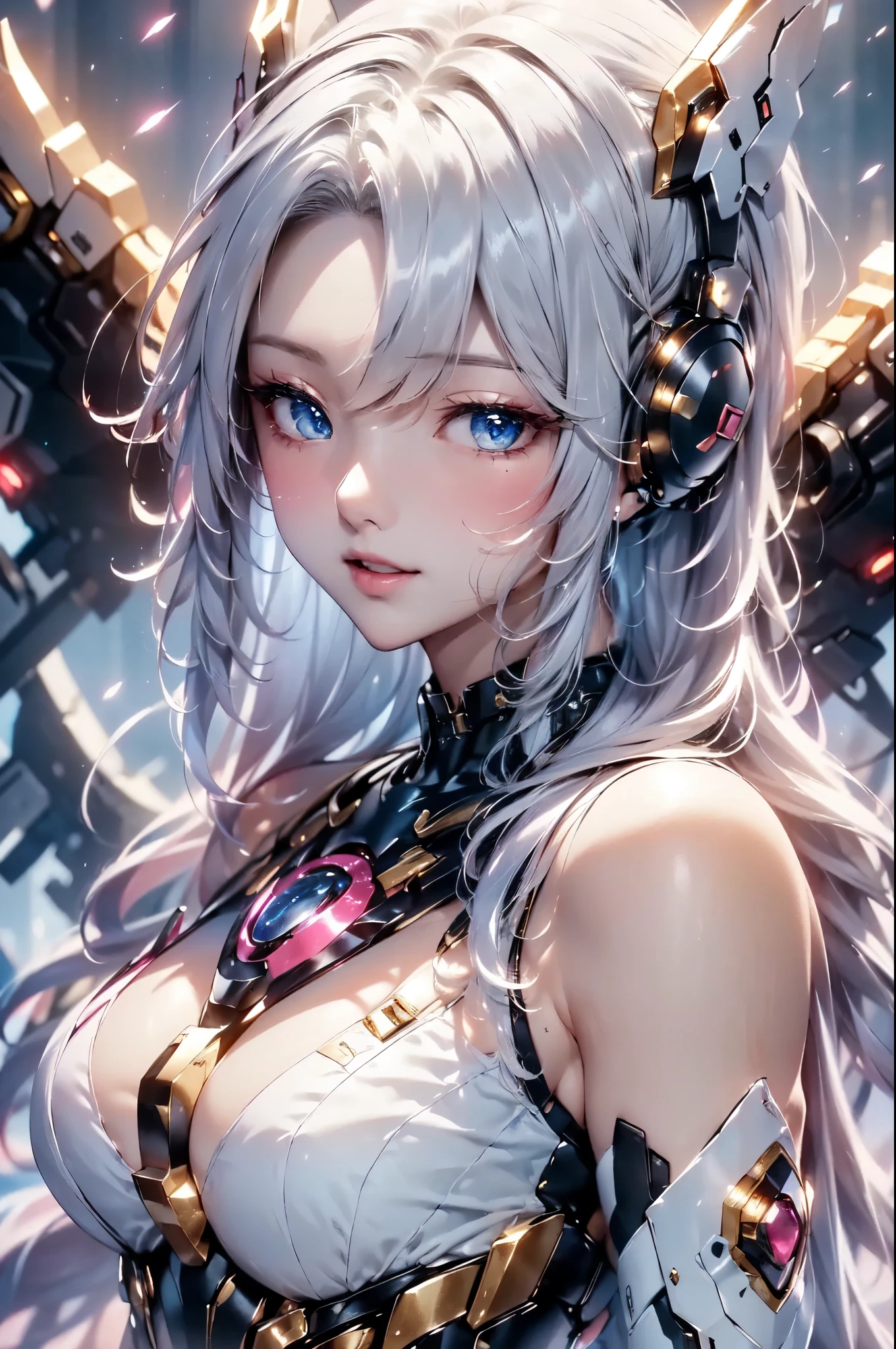 (Masterpiece, Best Quality, great, Highly detailed ajectar Unity、8k wallpaper, Depth-of-field, super fine-illustration:1.5)、3D, Extremely detailed, (s whole body), sci-fi battlefield, hawken, Smile, Open mouth,  (white blonde hair, Deep Blue Eyes:1.2), Sparkling eyes, Cute face, kawaii, Large breasts, delicate hair, disheveled hair, (((Flying high in the sky))、Blue sky, white clouds), Shiny hair, shiny skin, (Symmetrical mechanical wing、Metallic colored mechanical wings that are widely expanded to the left and right so that they protrude greatly from the screen, headgear, white hair ornament), (Particles of light, Cinematic lighting: 1.3), (Thin pink lips: 0.8), by Yusuke Murata.
