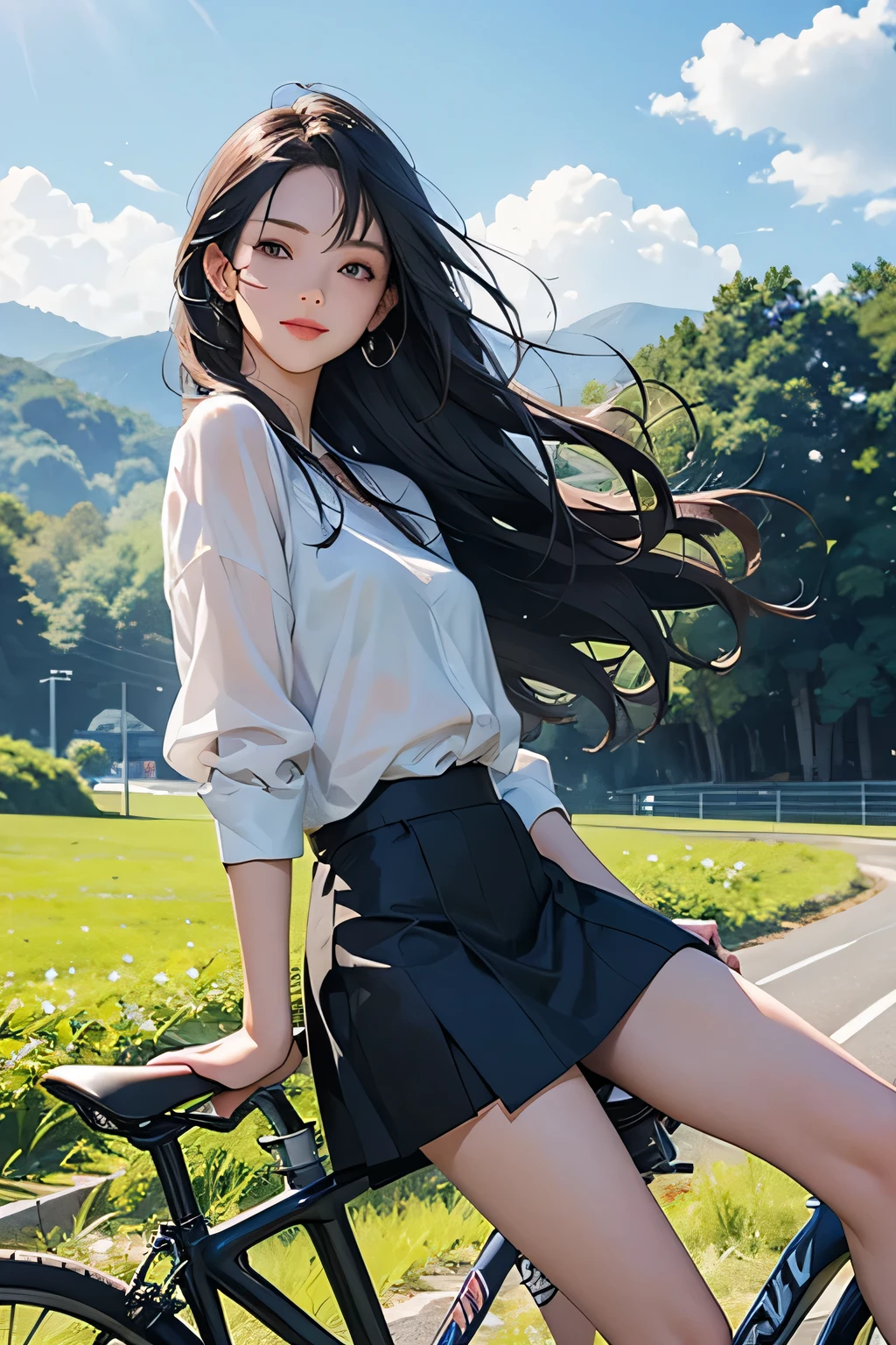 anime、 High Resolution 、 woman riding bicycle 、 black cock、 see-through white blouse 、 bicycle is going down a slope、 dark blue miniskirt 、A slightly smiling face、rural road 、Peaceful rural scenery、Summer evening、 The wind is blowing、