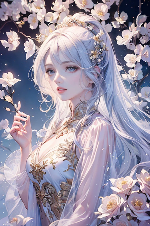 anime girl with white hair and pink dress posing in front of a clock, Fantasy art style, Detailed digital anime art, Beautiful character painting, Guviz, Guweiz in Pixiv ArtStation, digital fantasy art ), anime fantasy illustration, Beautiful digital artwork, Deviantart ArtStation CGSCOSIETY, Guviz-style artwork, a beautiful anime portrait，Light blue eyes，Relatively shy