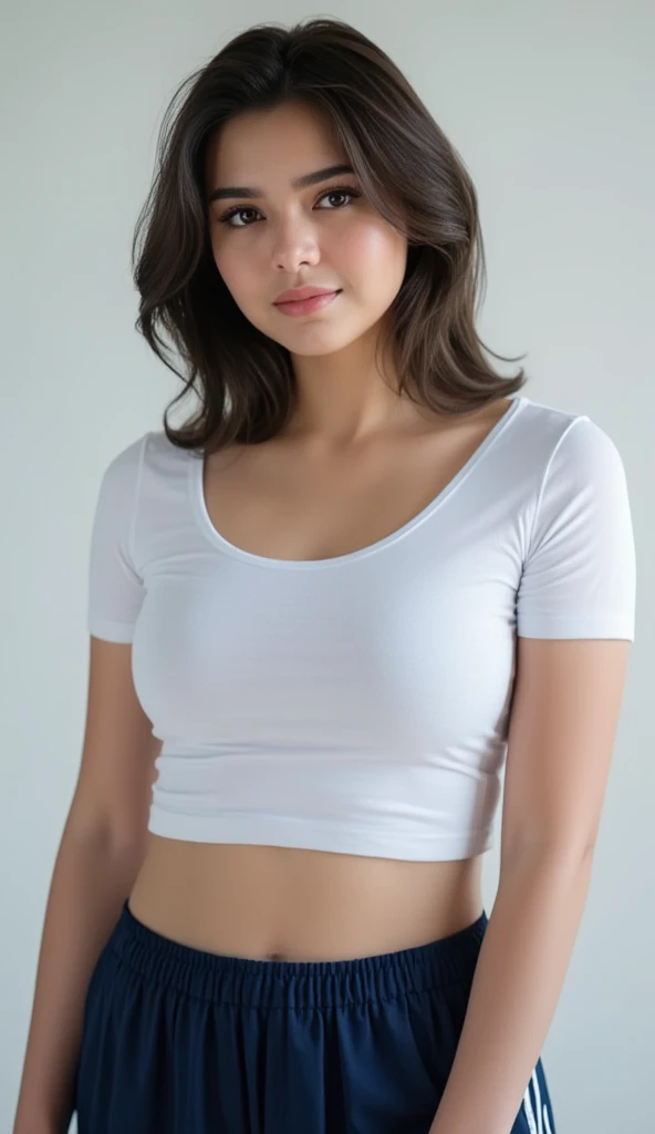 a detailed portrait of a beautiful young woman with huge sagging breasts, wearing a cropped t-shirt and navy pleated skirt with white strips, in a high-quality, realistic, and absurdly detailed 8K resolution image with ray tracing and reflex effects, masterpiece quality