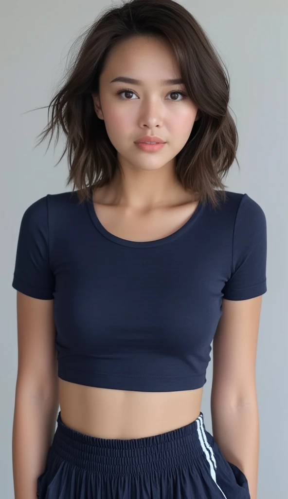 a detailed portrait of a beautiful young woman with huge sagging breasts, wearing a cropped t-shirt and navy pleated skirt with white strips, in a high-quality, realistic, and absurdly detailed 8K resolution image with ray tracing and reflex effects, masterpiece quality