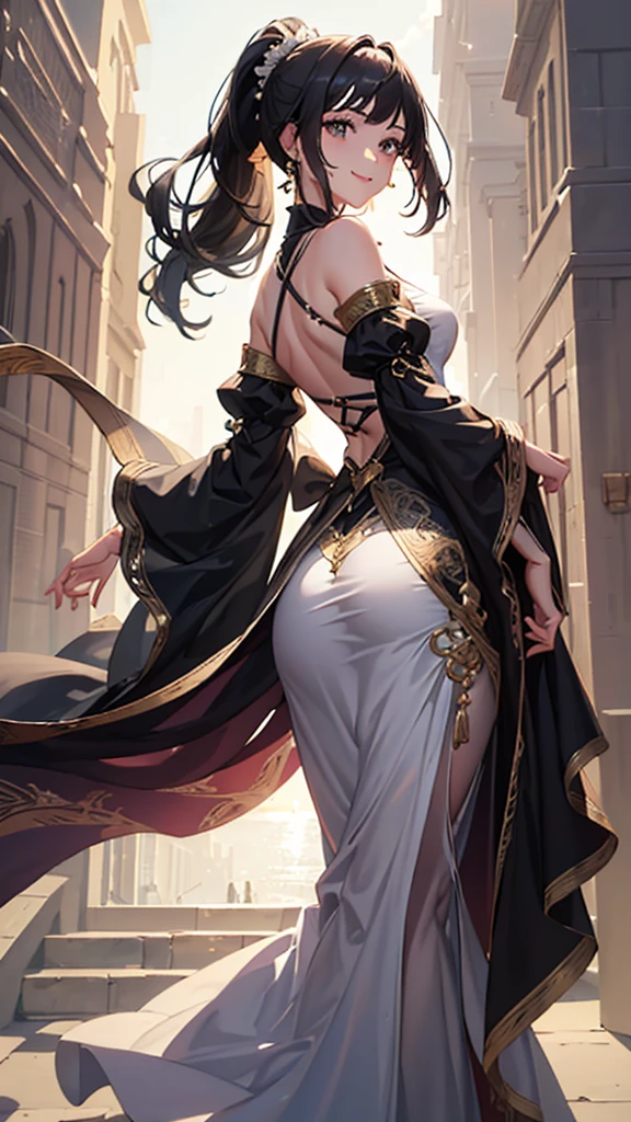 (High resolution, accurate, Best Quality, Anatomically correct, masterpiece), (very wide shot), 1 girl, Slender body, Intricate details, Highly detailed fingers, Black hair ponytail, White elegant dress, shiny glossy iridescent clothes, smile, happiness, whole body, Are standing, (((look back)))
