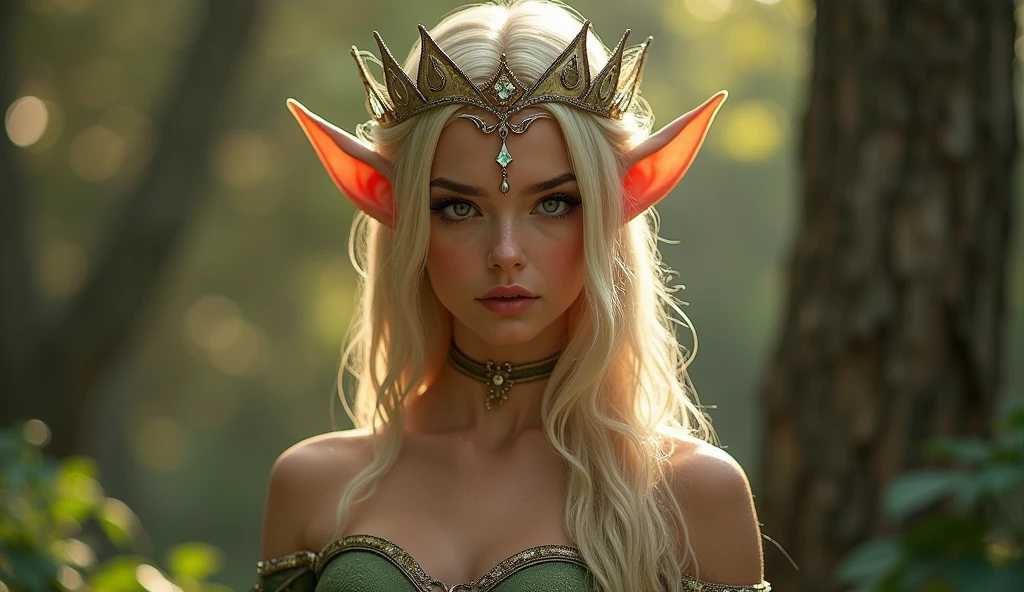 analog film photo, photo of a young elven girl, 18 years old, elf ears, cyan eyes, ash blonde hair, long messy waves, sun-tanned complexion, olive skintone, Amazonian stature, voluptuous hourglass figure, busty bosom, narrow waist, full hips, big plump buttocks, wearing elven undergarments, resembles Taylorr Swift, strolling through a sunny fantasy landscape, RAW Photograph, dslr, soft lighting, high quality, film grain, Fujifilm XT3, detailed skin with visible pores, insane details, masterpiece, 8k, 35mm photograph, dslr, kodachrome, faded film, desaturated, grainy, vintage, Lomography, stained, highly detailed, found footage, close-up shot, elven ears