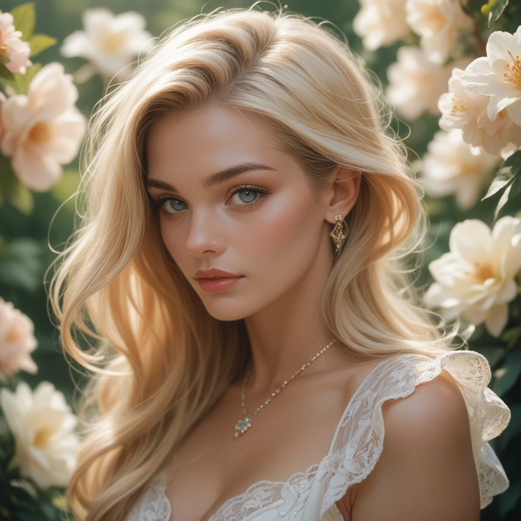 Gardenia background，Beautiful European girl，Products displaying Gardenia Essential Oil