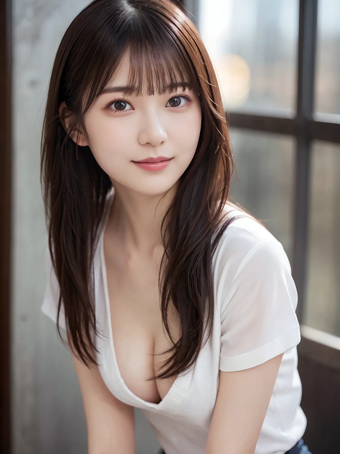 Complex and beautiful eyes、(stand up : 1.4)、Feminine black hair、(Delicate and realistic hair、1 bottle１Realistic hair)、bangs、 natural color lips、smile、((White interior)), Wall、((18-year-old female:1.******ung and adorable Japanese face, Official Art，Highly detailed CG Unity 8k wallpaper，（masterpiece:1.0),(Best Quality:1.0), 超 High Resolution ,4K, very detailed, photo shoot, 8k,  NFFS W ,  High Resolution ,  Kodak Portrait 400, Film Grain, Lens flare glow,高いest quality,8k, NFFS W :1.2), portrait shot,8k、 viewer, (((Front View))), ((Facing))、Body facing forward、Bold cleavage、(Firm breasts : 1.5)、(Small face : 1.5), Highest quality、Super beautiful images、smile, yellow race