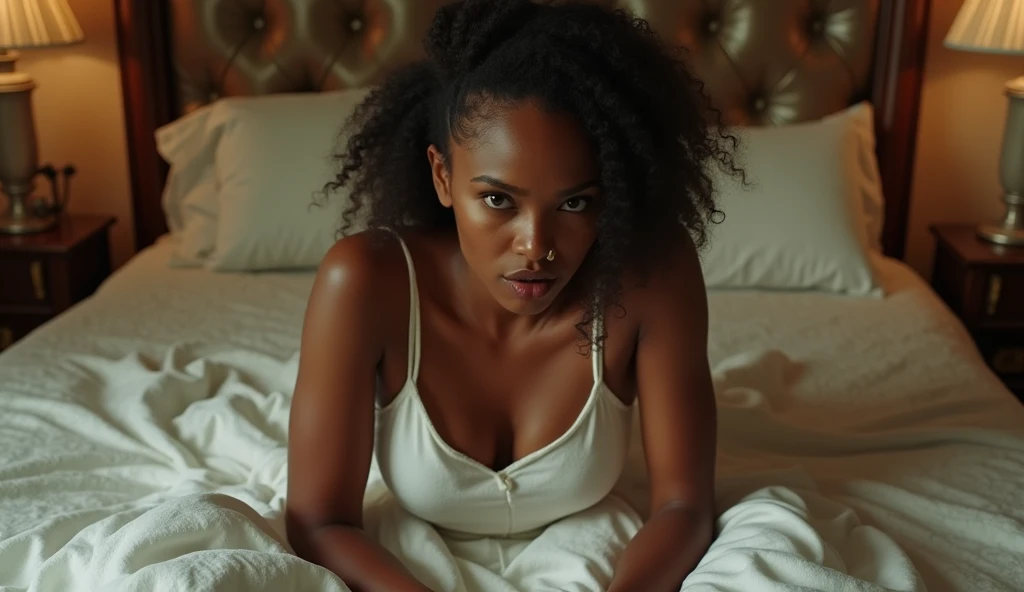 Uma negra magra com cabelos negros na cama