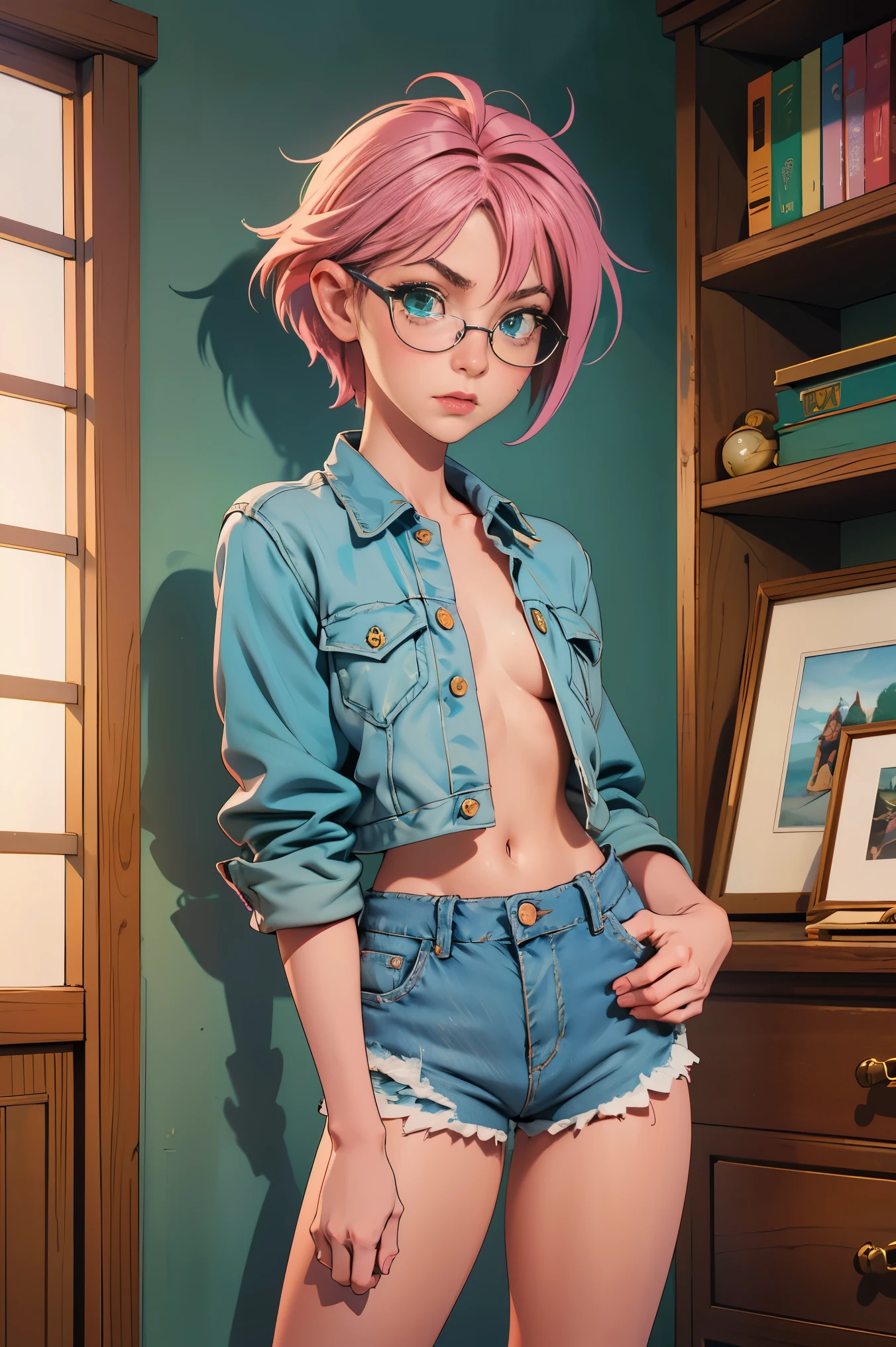 1, seios smalls, quadris smalls, green eyes, pink hair, topless, shorts jeans, Room, striped thighs,small, eyeglass, beautiful and tattered eyes.