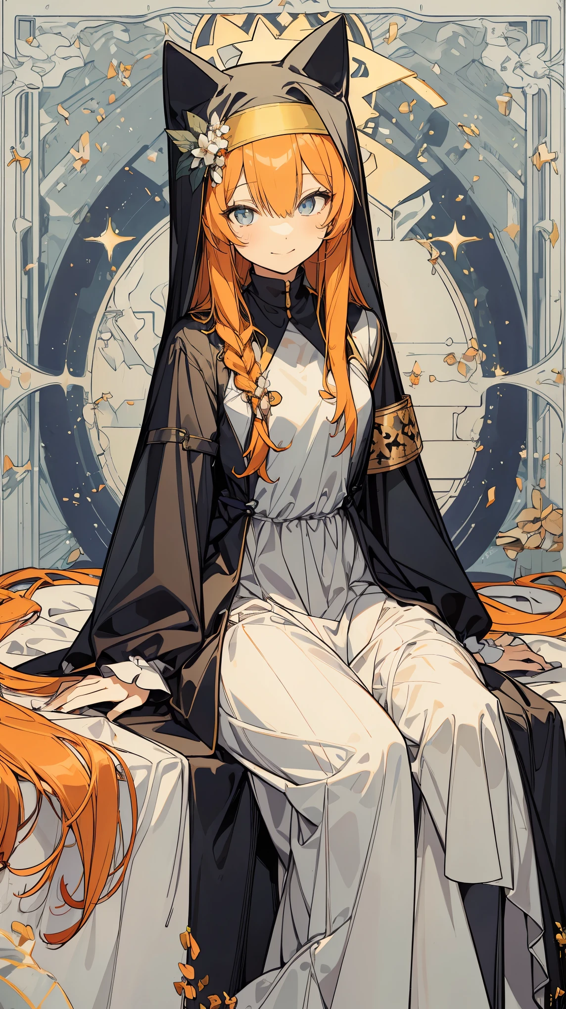 mari,nun,long skirt,orange hair,long hair,smile,sitting,(upper body),tarot card,masterpiece,Noise Reduction,perfect anatomy,high resolution, ultra-detailed,game cg,dutch angle ,beautiful detailed eyes,visualart,five fingers, perfect hands, perfect lighting,