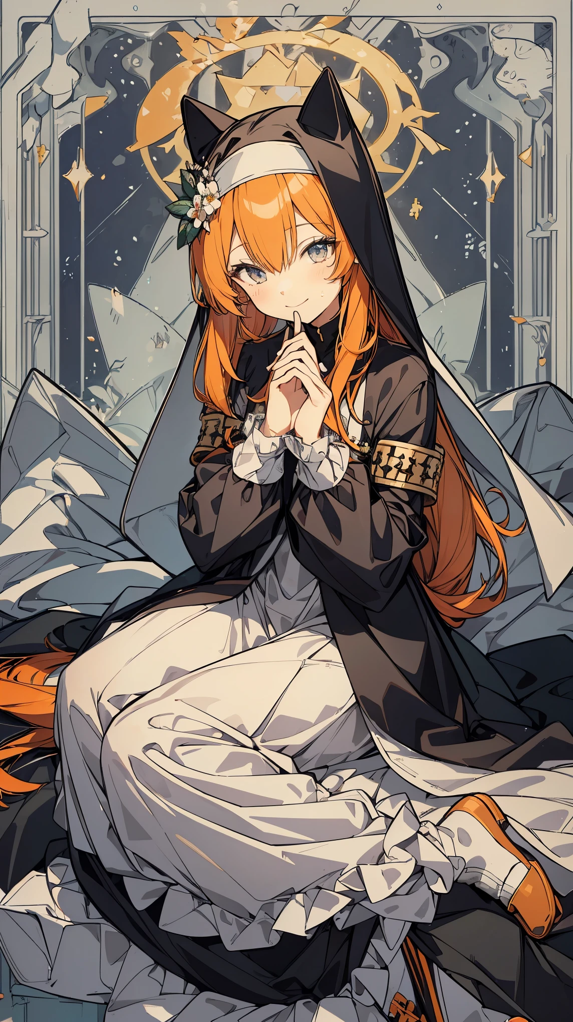 mari,nun,long skirt,orange hair,long hair,smile,sitting,(upper body),tarot card,masterpiece,Noise Reduction,perfect anatomy,high resolution, ultra-detailed,game cg,dutch angle ,beautiful detailed eyes,visualart,five fingers, perfect hands, perfect lighting,