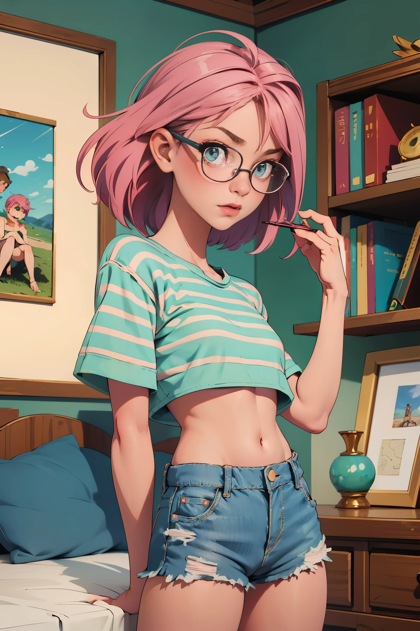 1, seios smalls, quadris smalls, green eyes, pink hair, topless, shorts jeans, Room, striped thighs,small, eyeglass, beautiful and tattered eyes.