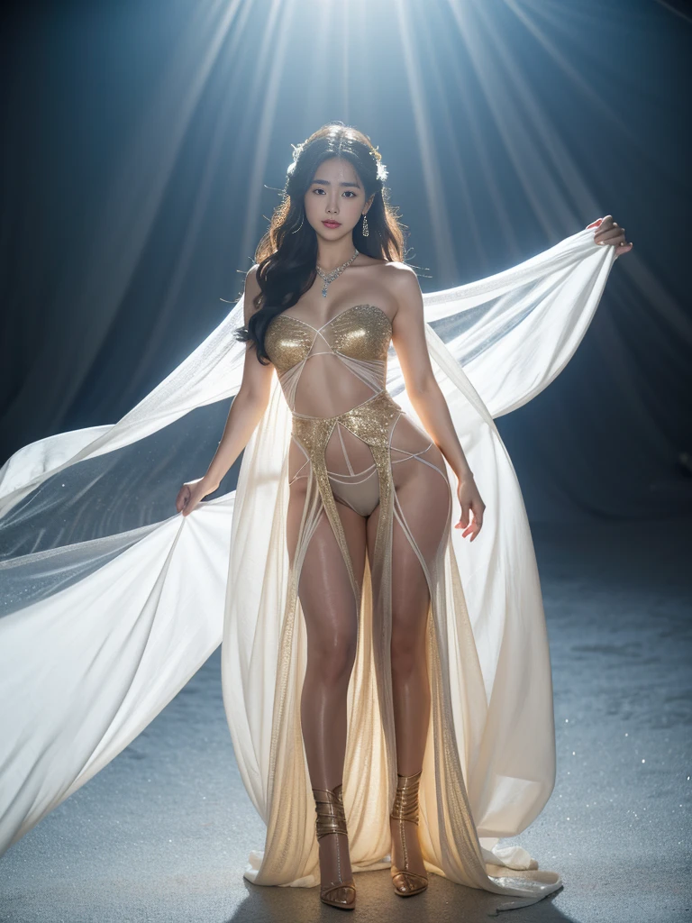 Young goddess, ((Her clothes are all flipping up by extremely strong wind):1.6), (wearing robe, tiara, necklace), (in the nordic nature), revealing panty, (laughing), (cinematic lighting, surrealism, god rays), (masterpiece, 8K highest resolution), wide view,