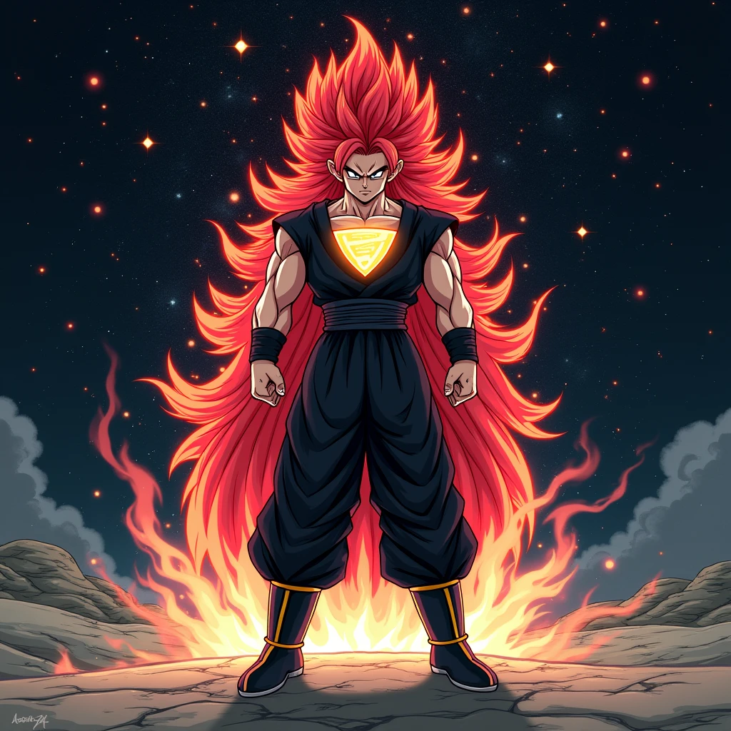 Goku, as a Super Saiyan Red, sits on a black throne wearing sunglasses and a carefree smile. Chi-Chi sits submissively on his knee, with large breasts, looking submissive.