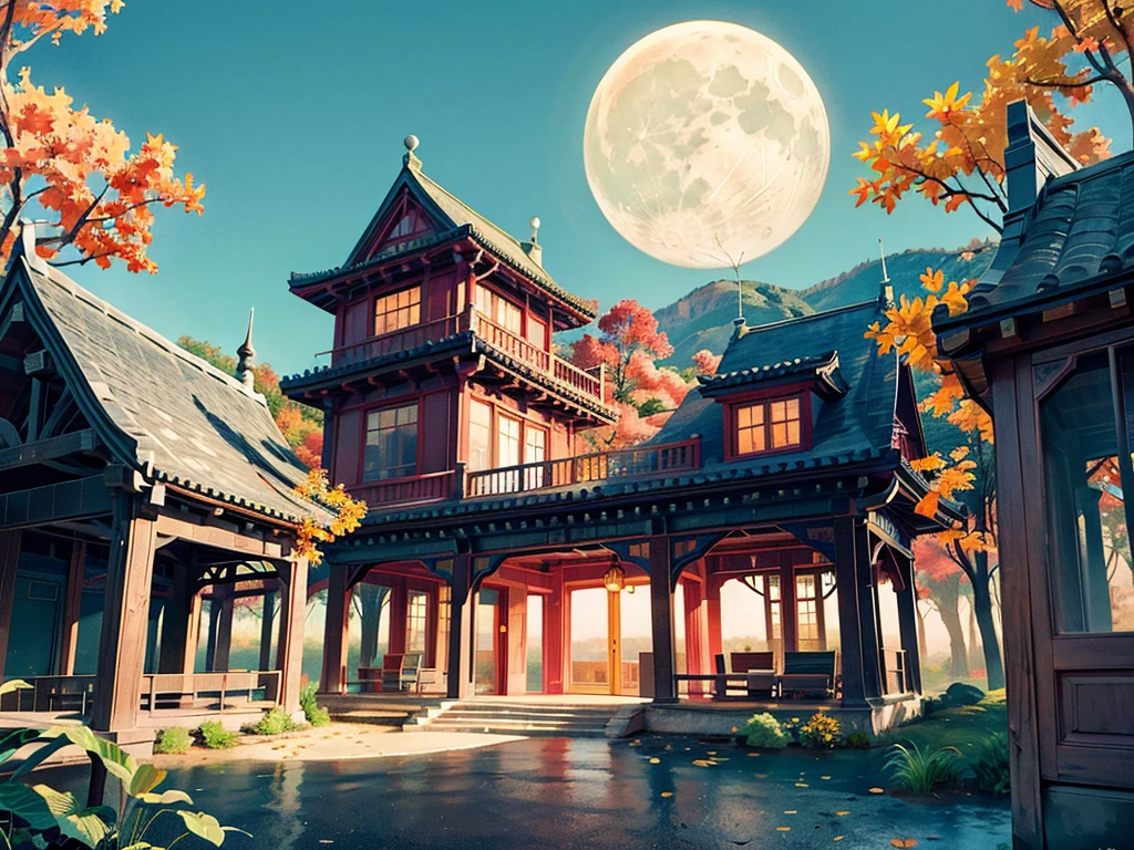 a beautiful autumn landscape at night, digital art, highly detailed, intricate background, glowing moon, vivid fall foliage, serene atmosphere, cinematic lighting, moody colors, dramatic shadows, ethereal atmosphere, fantasy ambiance, mystical elements, magical realism, concept art style,lack of people