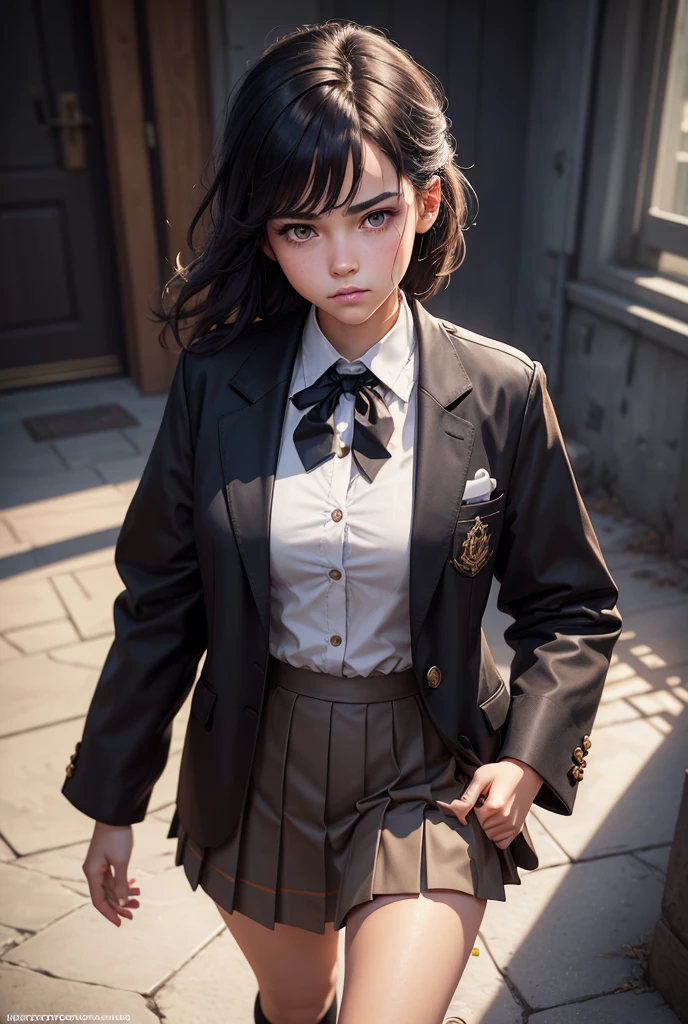 (1Girl, Asian, Beautiful, 18yo, ((short black hair a fringe)), ((wearing ((black)) school uniform))), ((In a school corridor)),
