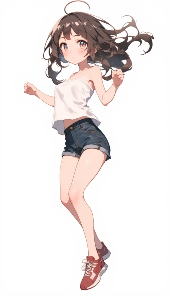 High-resolution image, masterpiece, full-body image, female singer with impressive white teeth and a smile, narrow eyes with double eyelids, tied hair, thick lips, healthy brown skin texture, wearing a tank top, short flared skirt, and boots, pose with right hand outstretched, angled from below, no background