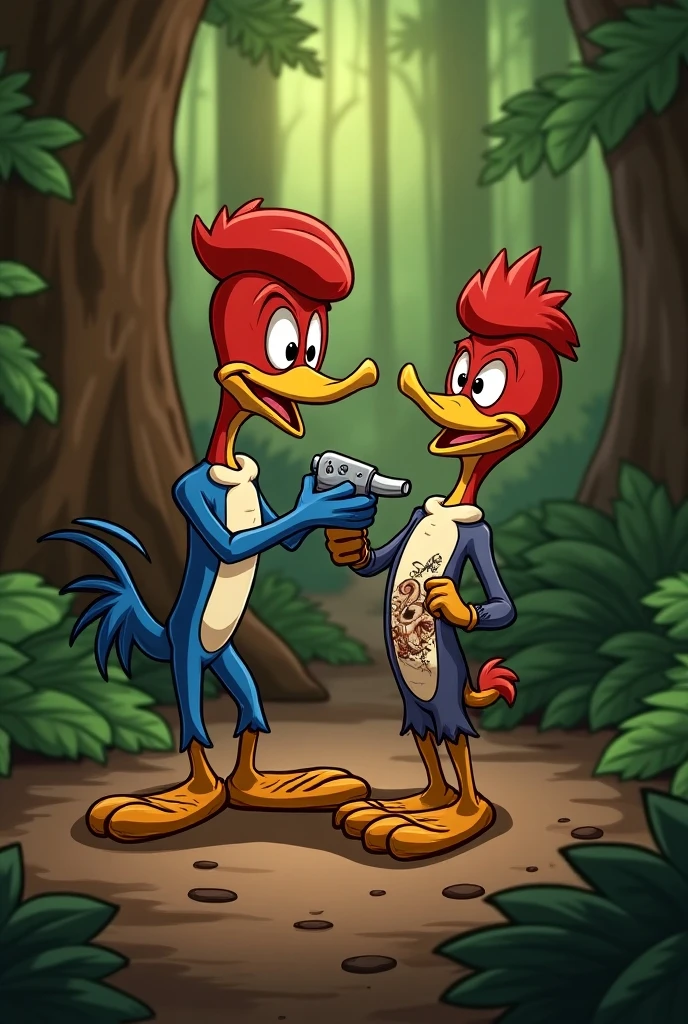 print, The Woody Woodpecker Show sitting in a large armchair with female Winnie on each side of the armchair wearing only lingerie and with large breasts , with a cave background
