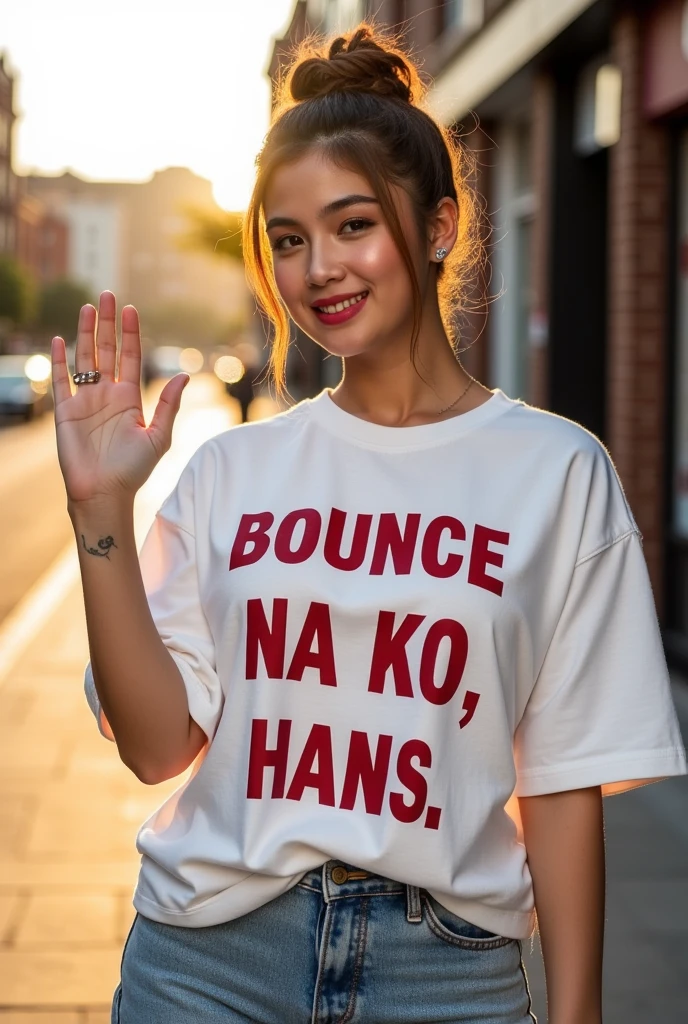 A gorgeous woman named h3av3n with a curvy figure, dressed in an oversized white t-shirt with a big, bold, red text "BOUNCE NA KO, HANS" on the front, paired with cut denim shorts. Her hair is tied in a messy bun, and she is standing on a sunny street, gesturing with a goodbye wave with a flirty expression. Realistic style, golden hour lighting.
