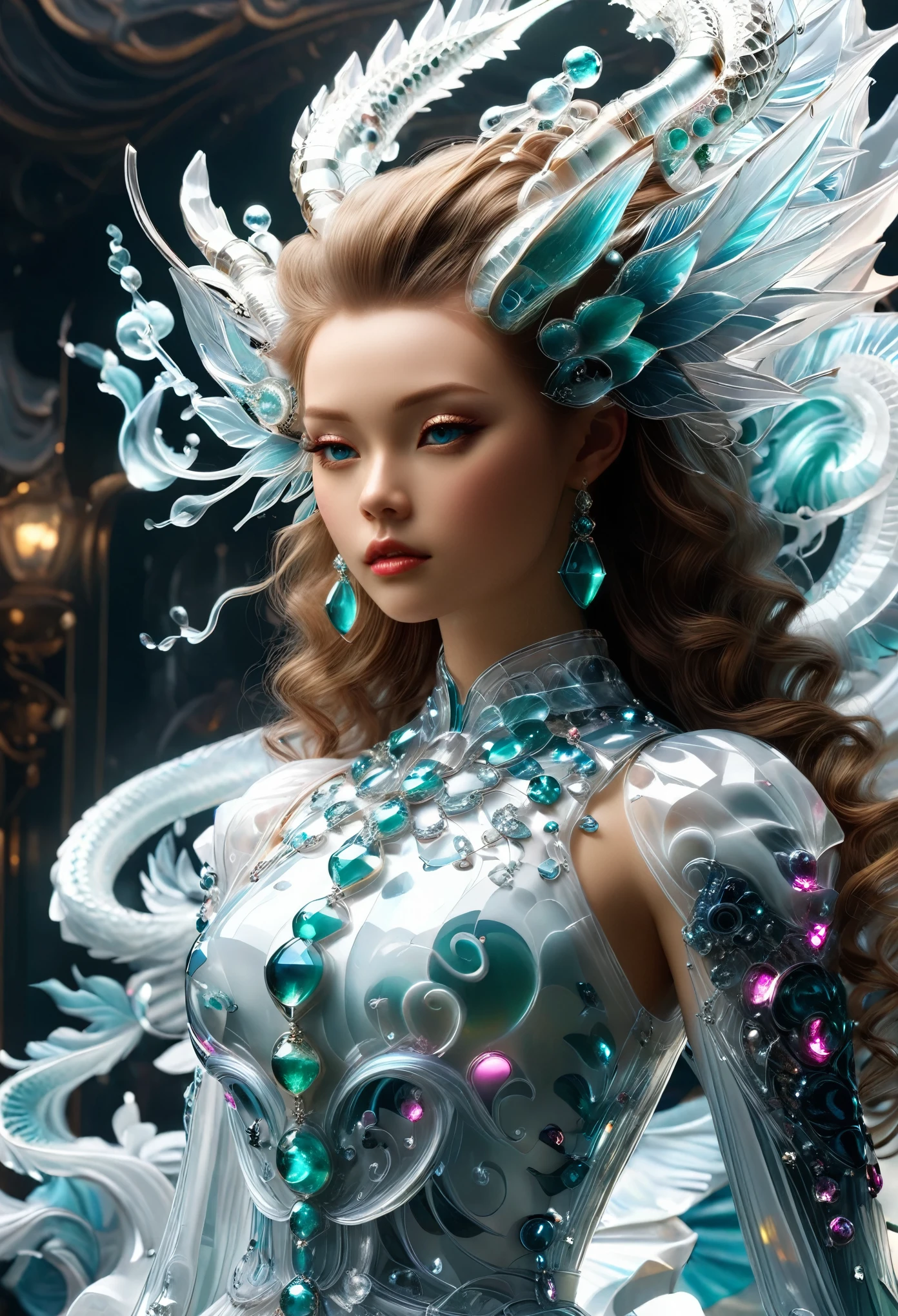 A mesmerizing photorealistic illustration showcases a futuristic transfemme character undergoing an extraordinary metamorphosis. Transforming into a hybrid mecha dragon- morph, the thai girls boasts a blend of traditional Jade and elements. Clad in a glossy metal black and white jacket and a white and pink princess outfit adorned with glowing arcane symbols, the character exudes confidence and power. With a bird's eye view, the composition her striking princess