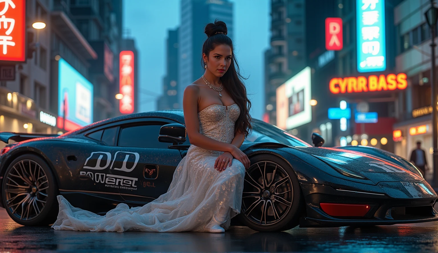 A cyberpunk bride is standing in a cyberpunk city wearing a futuristic outfit adorned in neon and in rich and intricate detailed filigree jewellery, posing, leaning on a sci-fi cyberpunk sports car with the lettering" DD Powered", at night. ultra detailed skin with pores, wind, horizon, sharp light and shadows, neon lights. sci-fi, cyberpunk, cityscape, panorama, ray tracing, DSLR, UHD, 8k, photorealistic, masterpiece, award-winning