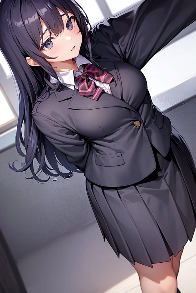 masterpiece, best quality, 1girl, solo, long hair, black pantyhose, , black hair, red eyes, pleated skirt, white hairband, bangs, jacket, large breasts