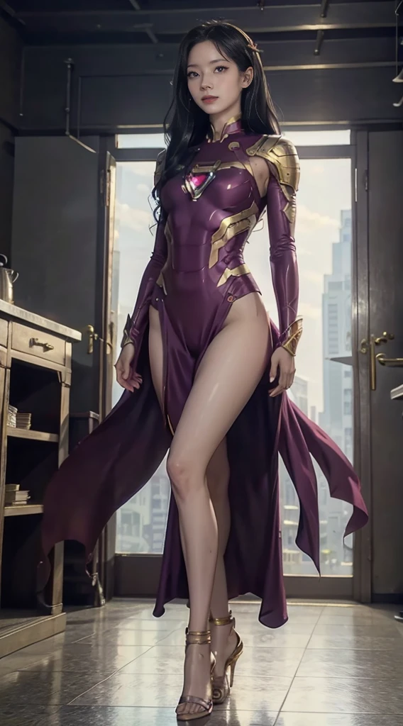 Full Body Photo. Standing in a full height. Studio Background. 8k HD good quality image. Dahyun from TWICE has an ideal body, sexy wavy body, straight long hair, wearing a Purple Full Iron Man suit from top to toes without the helmet. FULL BODY FROM HEAD TO TOE. Standing in a FULL HEIGHT FROM HEAD TO TOE. 

The picture must show a complete head to toe picture of the Dahyun