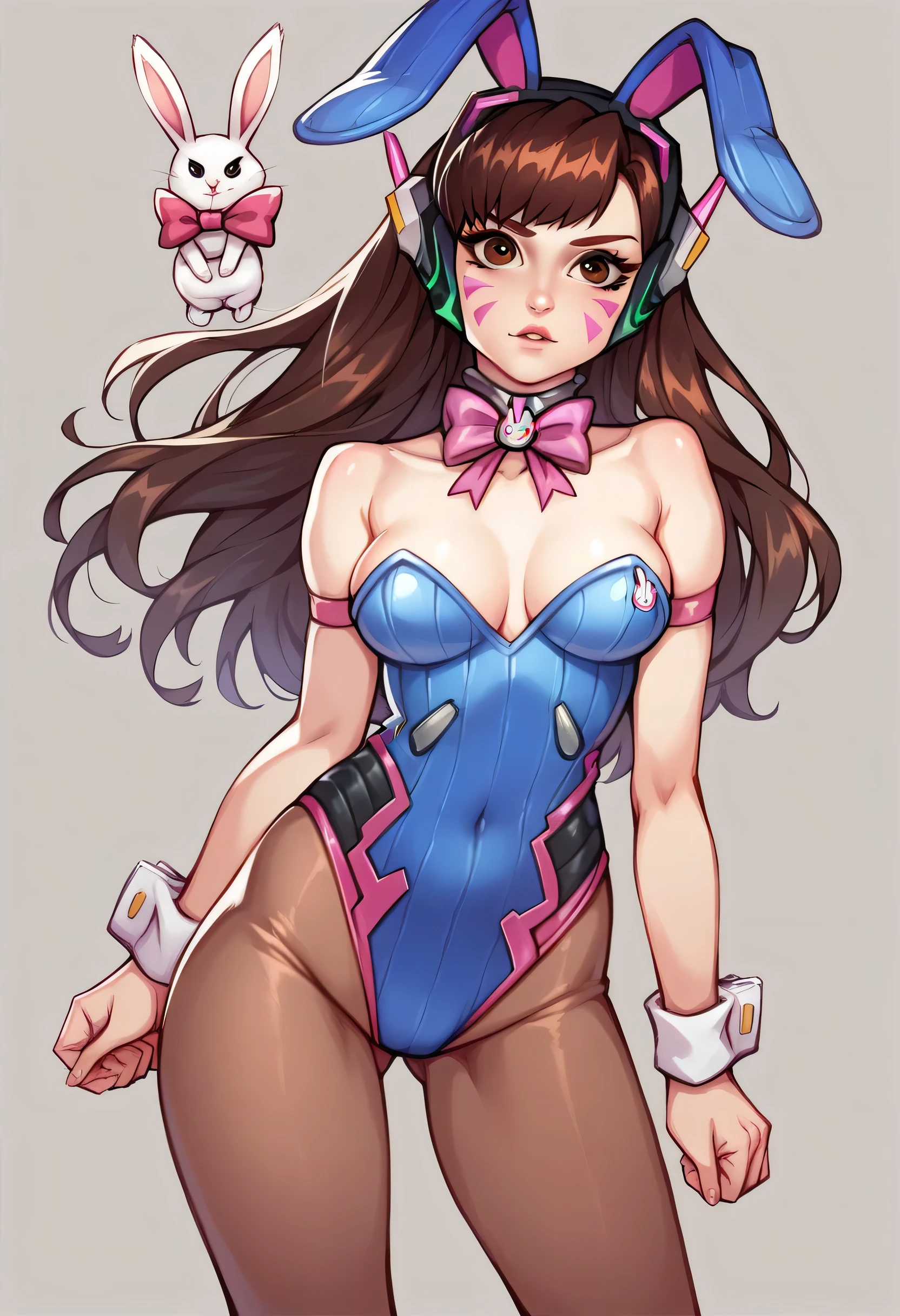 ((Better quality)), (( masterpiece )), (DETAILED), 1 girl, pantimedias,  brown pantyhose, Leotardo, playboy bunny,  momoko akatsutsumi  (D.va overwatch), ribbon, pajarita, Leotardo rojo, wristbands, neckline , D.va overwatch, Rabbit ears, ribbon para el pelo, by the wide, Split neck, Rabbit ears, k-nattoh 