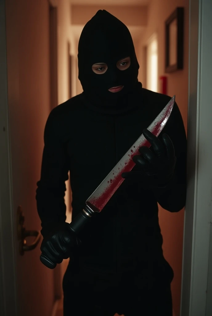 korean girl, (behind corpse, blood splatter), surgical mask, holding knife, stabbing, black raincoat, leather gloves, bucket hat, room full of blood, long bangs, holding knife, black wet suit, leather gloves, behind corpse, night, mass murderer, robbery, in the hotel, dark atmosphere, cinematic lighting, atmospheric realistic,