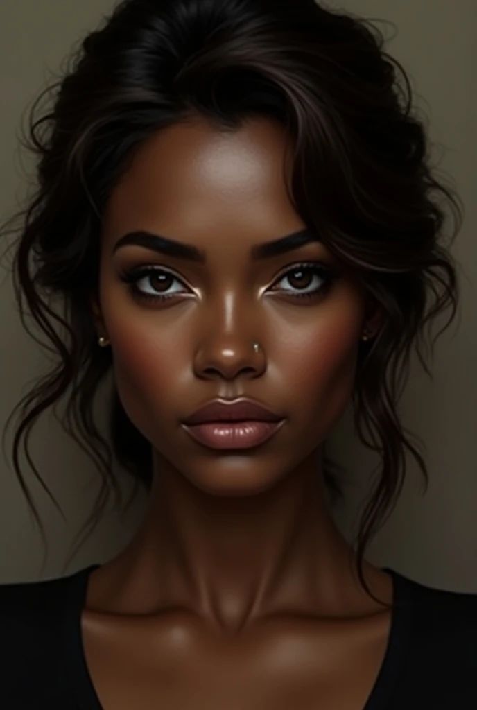 Sexy half-naked woman with dark skin on her back and her hair up, dark background, but not so much hair tied up