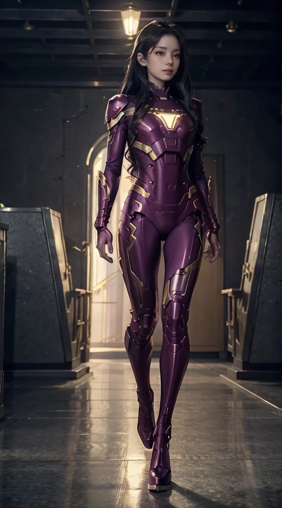 Full Body Photo. Standing in a full height. Studio Background. 8k HD good quality image. Dahyun from TWICE has an ideal body, sexy wavy body, straight long hair, wearing a Purple Full Iron Man suit from top to toes without the helmet. FULL BODY FROM HEAD TO TOE. Standing in a FULL HEIGHT FROM HEAD TO TOE. 

The picture must show a complete head to toe picture of the Dahyun