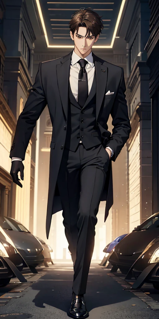  High Resolution ,Fine image quality ,Fine skin, anime style and pictorial ,One man,Alone, fitted black suit, Black Coat, black pants ,Whole body expression,Brown Hair,Brown eyes, short, smooth hair , cropped armpits and neckline , businessman style detective , black gloves, cool old man ,Beautiful posture down to the feet 