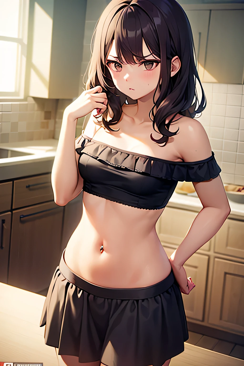 super fine illustration, vibrant colors, masterpiece, sharp focus, best quality, depth of field, cinematic lighting, ultra detailed, crop top, short sleeves, navel, tummy, 1 woman, solo, milf, slender, blush, annoyed, mature female, tall woman, looking down, dark hair, long hair, annoyed, curly hair, frilled shirt, frilled skirt, micro skirt, small breasts, indoors, kitchen, stomach, navel piercing, hand on stomach, off shoulder, bare shoulder, collarbone, strapless