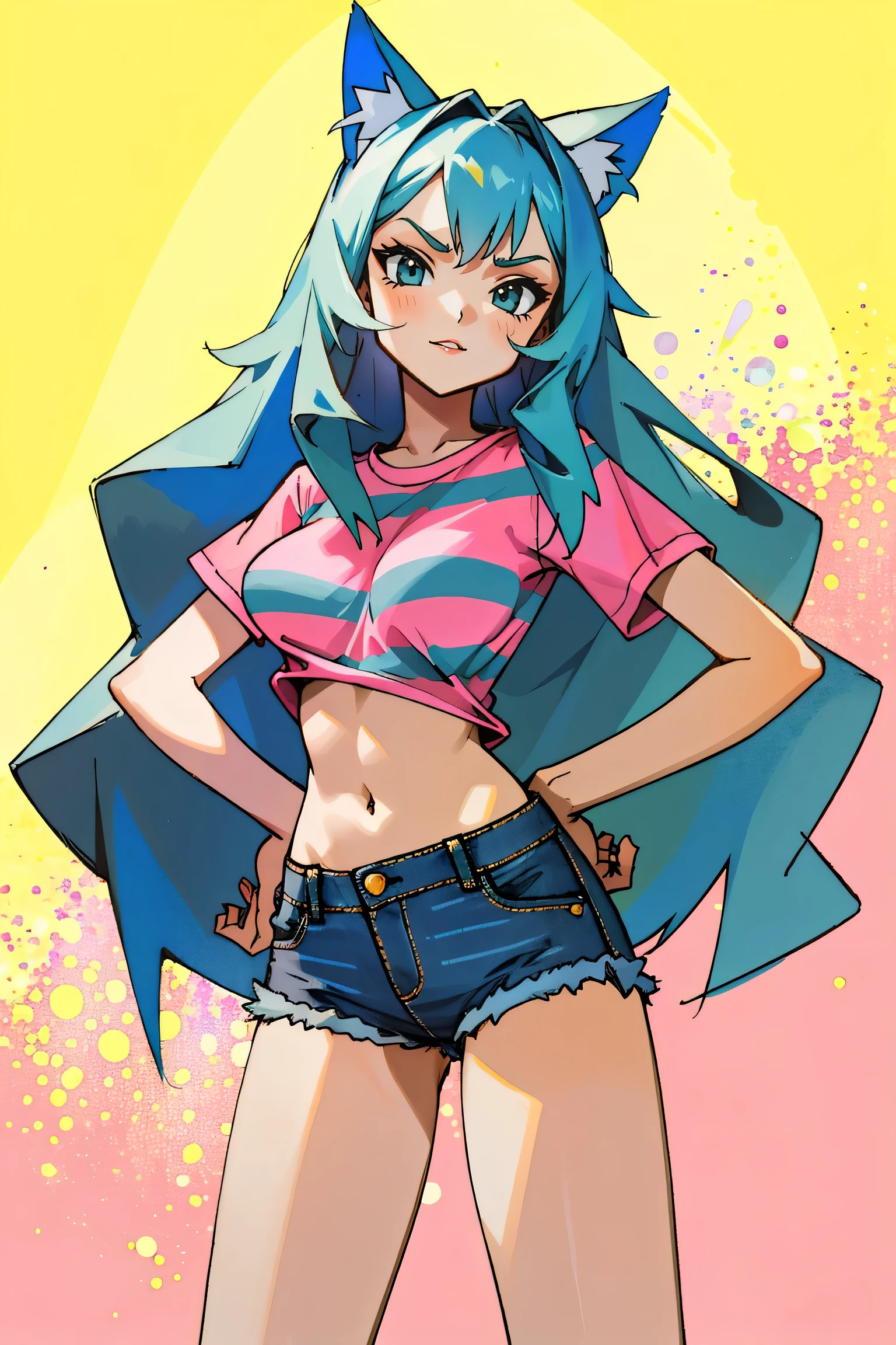 Masterpiece, Best quality, Masterpiece, Best quality, 1 woman, green eyes, Cat ears, Long blue hair with pink stripes, gray t-shirt , Sly face, Denim shorts, Belly, Big breasts, Long legs, Hands on hips
