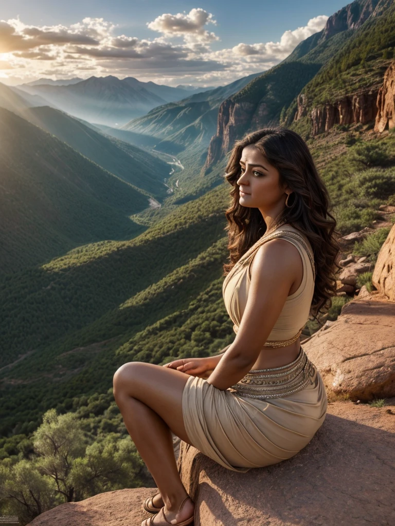 A highly detailed, photorealistic image captures an Indian woman, inspired by Anushka Shetty, sitting gracefully on a rock in the high mountains, embodying strength and tranquility. Her expressive eyes and perfectly sculpted face reflect a sense of peace as she enjoys the stunning landscape around her. Her voluminous curly hair cascades gently over her shoulders, catching the sunlight that filters through the clouds.

Dressed in a comfortable yet stylish outdoor outfit that complements her curvy, athletic physique, she exudes confidence amidst the rugged terrain. Subtle jewelry adds a personal touch, harmonizing with the natural beauty of the setting. Her ultrarealistic fingers rest on her knees as she gazes thoughtfully into the distance, conveying a sense of introspection.

The scene is set against a backdrop of arid mountain land, dotted with patches of resilient vegetation that thrive in the rocky environment. The sun casts a warm flare across the sky, illuminating the clouds and creating a dramatic interplay of light and shadow over the landscape. Pebbles and stones are scattered around her, adding texture to the ground, while a raw, winding path is visible in the distance, inviting exploration of the majestic surroundings.

Her posture is relaxed yet dignified, with muscular thighs visible as she sits confidently on the rock. The natural lighting highlights her ultrarealistic skin, capturing the subtle textures and warmth of her complexion. The breathtaking scenery—a blend of rugged peaks and the vibrant sky—creates a captivating atmosphere, emphasizing her connection to nature and the serenity of her surroundings.

This full-body, high-quality image presents a powerful woman in a moment of reflection amidst the grandeur of the mountains. The attention to detail—from her realistic fingers resting on her knees to the stunning interplay of light and landscape—creates an enchanting portrayal of strength, beauty, and harmony with nature.