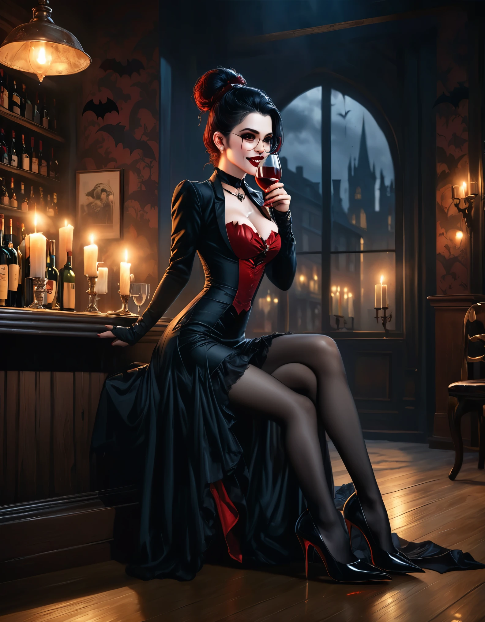 a picture of a beautiful woman  sitting in a goth bar , sipping a dark red cocktail, wearing a white mini dress, tight dress, (full body: 1.3), slightly hiding the edge of white silk stocking, (vampiric fang: 1.3), wearing high heels, smirking, glasses, black choker, make up, black hair, long hair, ponytail, very long hair, hair strand, hairpin, eye reflection, intense azure eyes, light makeup, shy, blush, goth bar background, wine bottles, lit with candles, photorealistic, Realism, depth of field, cinematic lighting, dim light, full body, silhouette, from side, Ultra-Wide Angle, retina, UHD, best quality, 16k, highres, high details, Hyperrealism style