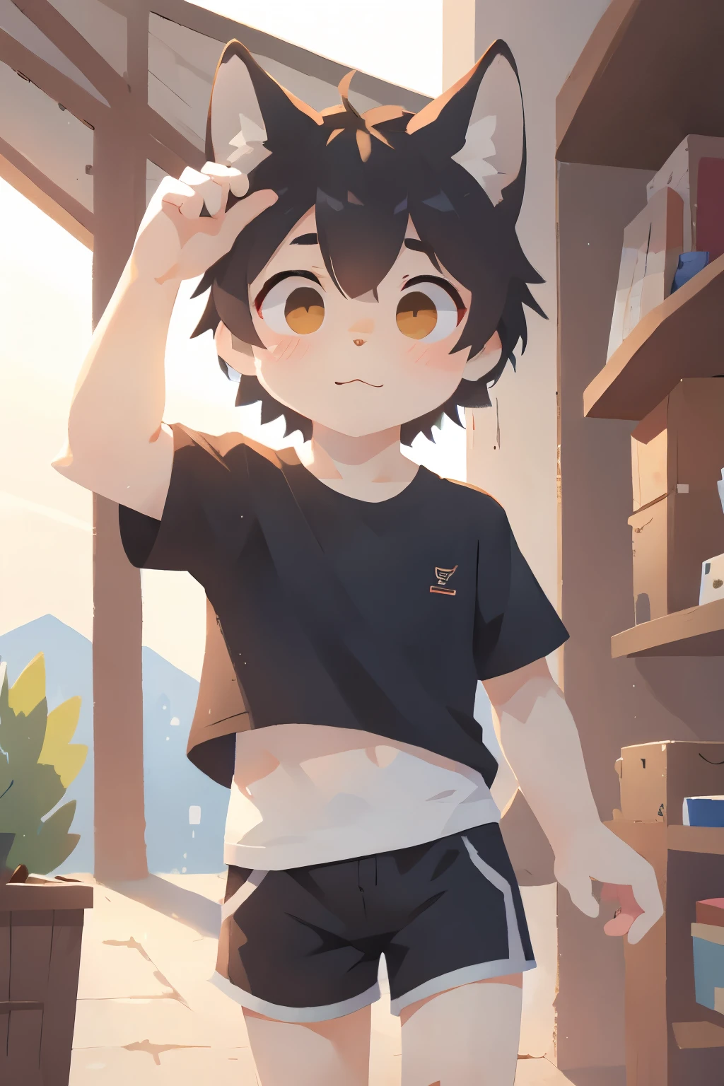 Gray Wolf Boy，furry boy，Characteristics of young children，Black hair，White skin，Short sleeve，shorts