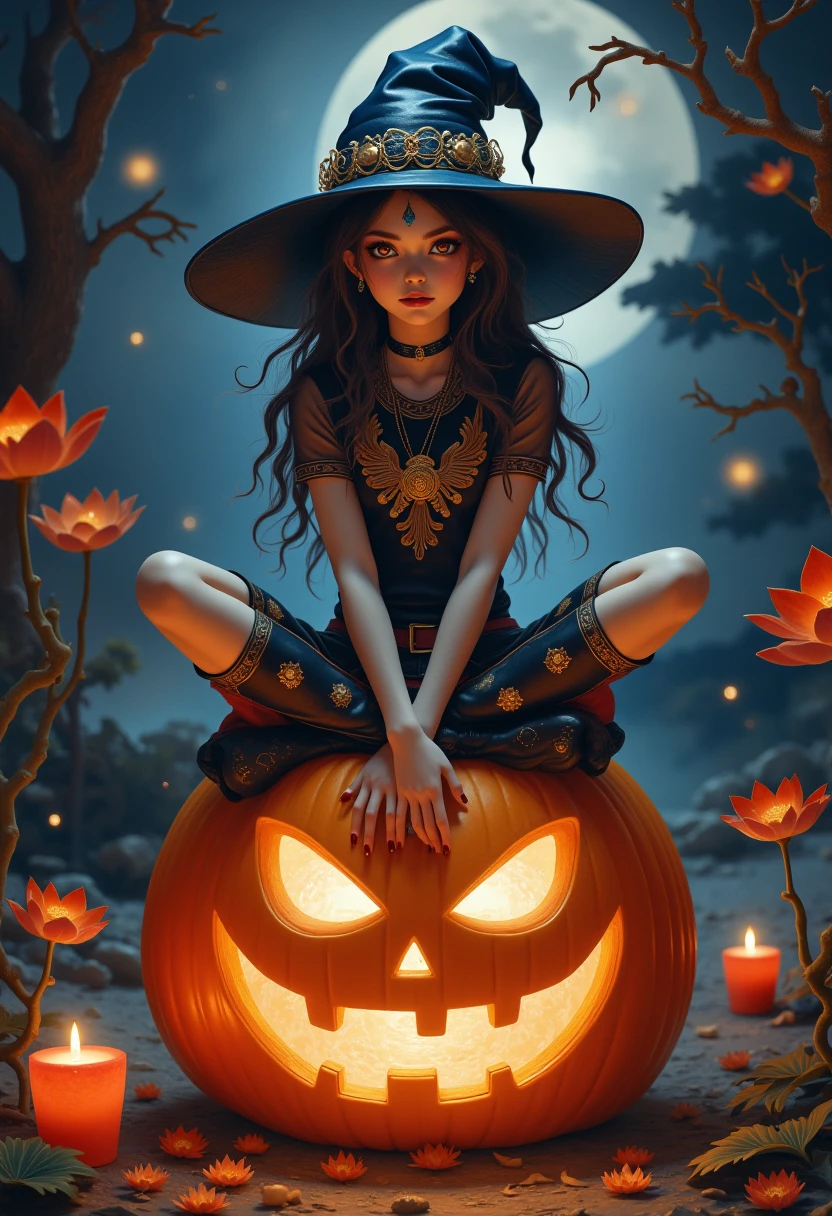 Halloween makeup,a girl sitting on a pumpkin lantern with her legs crossed and wearing a witch's hat,a grim expression,a full-body photo,