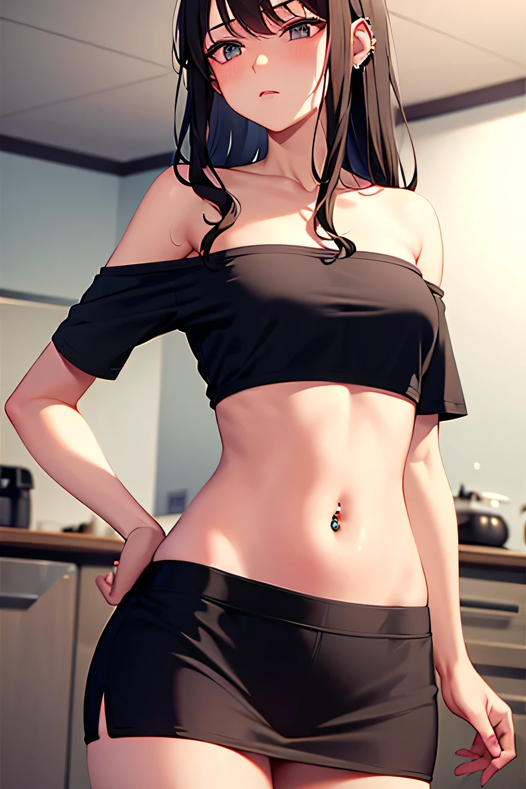 super fine illustration, vibrant colors, masterpiece, sharp focus, best quality, depth of field, cinematic lighting, ultra detailed, crop top, short sleeves, navel, tummy, 1 woman, solo, milf, slender, blush, annoyed, mature female, tall woman, looking down, dark hair, long hair, annoyed, curly hair, frilled skirt, micro skirt, small breasts, indoors, kitchen, stomach, navel piercing, hand on stomach, off shoulder, bare shoulder, collarbone, strapless