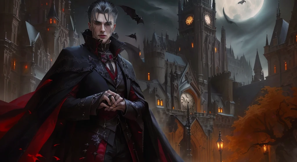 （Very detailed CG unity 8k wallpaper，tmasterpiece，best qualtiy，ultra - detailed，red color eyes：1.2），best illuminate，（The best shadow，Extremely refined）Dracula's sinister face，An atmosphere of horror and suspense，Black trench coat，Red jewelry，blood vess，Film filter，horror smile，Gothic