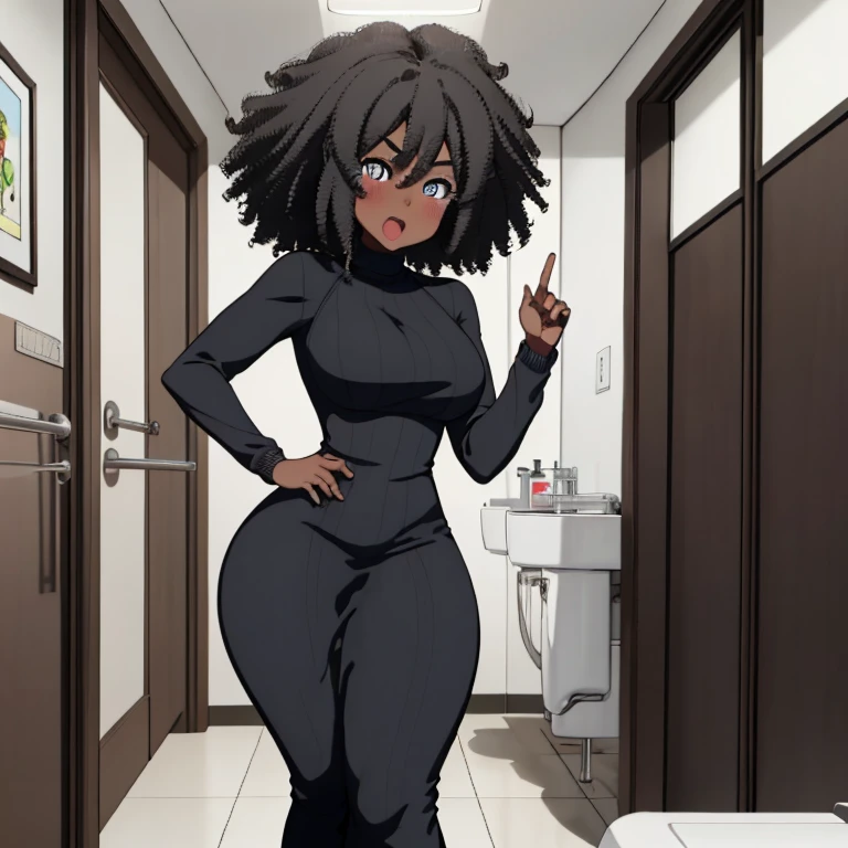 1 female, afro hair, black afro hair black girl afro hair, darker skin, brown skin, huge breast, thick legs, light blue eyes, pink sweater, (black dress 3.0), (maxi bodycon dress 3.0), heels, bathroom, house, seductive face, thick ass, butt butt, sexy pose, walking, open mouth, sitting down, in the chair, thick ass, ass, (holding crotch 3.0), (pees herself 3.0), (pee stains 3.0), (pee puddle 3.0), (pee from crotch 3.0), (holding crotch 3.0), blushing face 2.0, POV from behind 3.0, viewers looking at booty 3.0, (seductive smile 3.0)