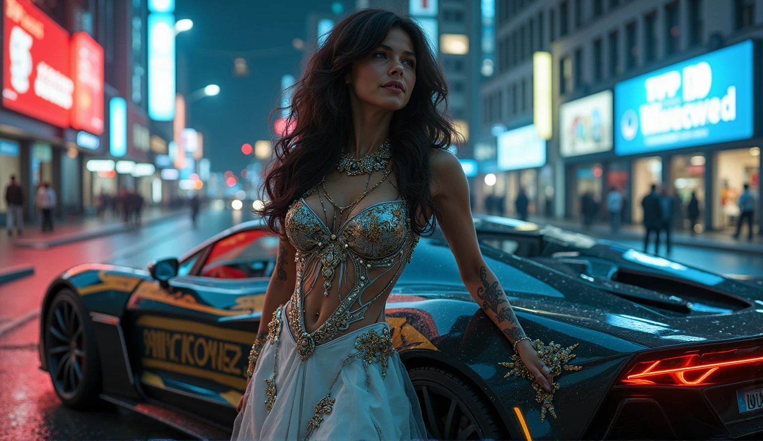 A cyberpunk bride is standing in a cyberpunk city wearing a futuristic outfit adorned in neon and in rich and intricate detailed filigree jewellery, posing, leaning on a sci-fi cyberpunk sports car with the lettering" DD Powered", at night. ultra detailed skin with pores, wind, horizon, sharp light and shadows, neon lights. sci-fi, cyberpunk, cityscape, panorama, ray tracing, DSLR, UHD, 8k, photorealistic, masterpiece, award-winning