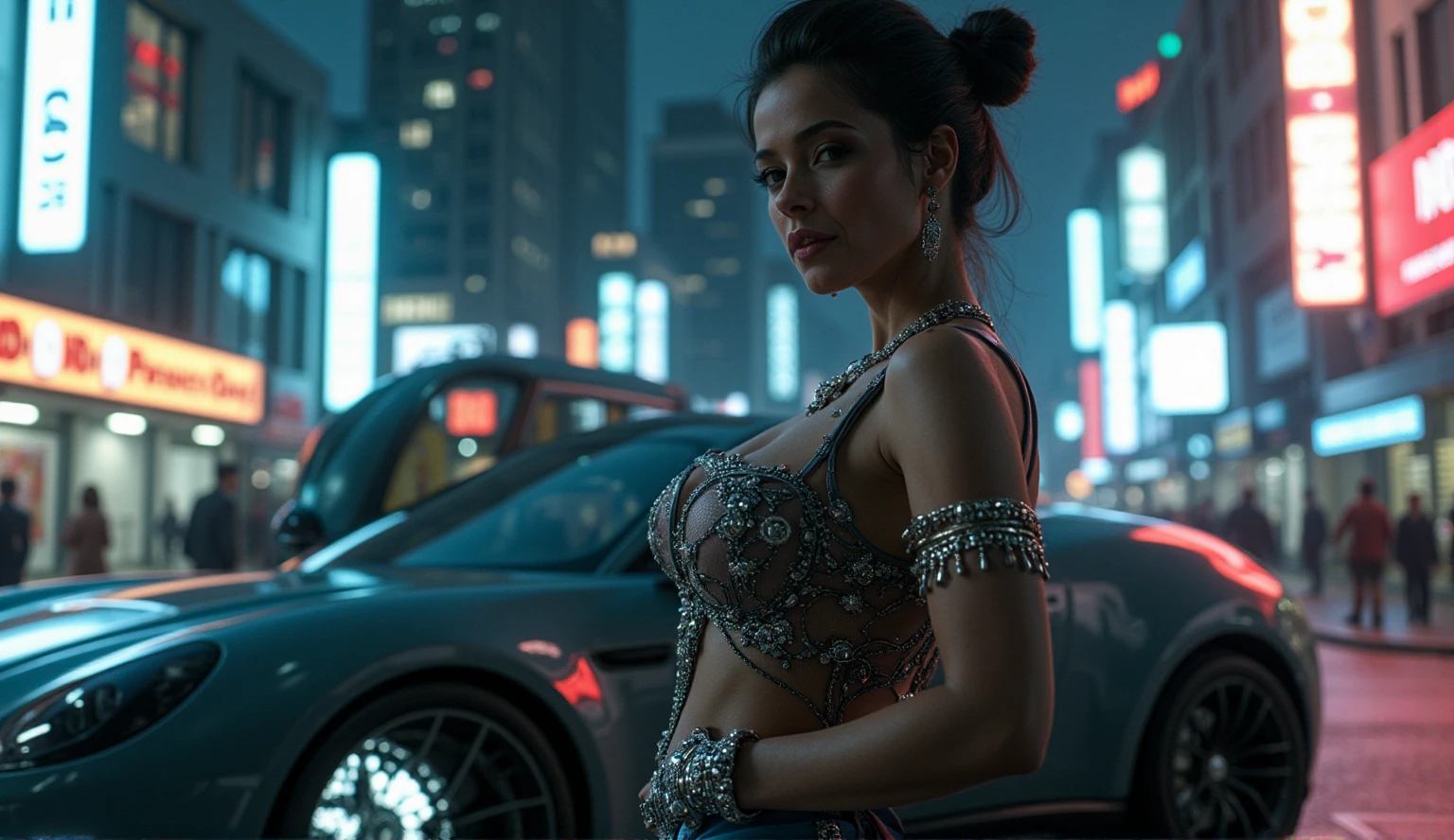 A cyberpunk bride is standing in a cyberpunk city wearing a futuristic outfit adorned in neon and in rich and intricate detailed filigree jewellery, posing, leaning on a sci-fi cyberpunk sports car with the lettering" DD Powered", at night. ultra detailed skin with pores, wind, horizon, sharp light and shadows, neon lights. sci-fi, cyberpunk, cityscape, panorama, ray tracing, DSLR, UHD, 8k, photorealistic, masterpiece, award-winning