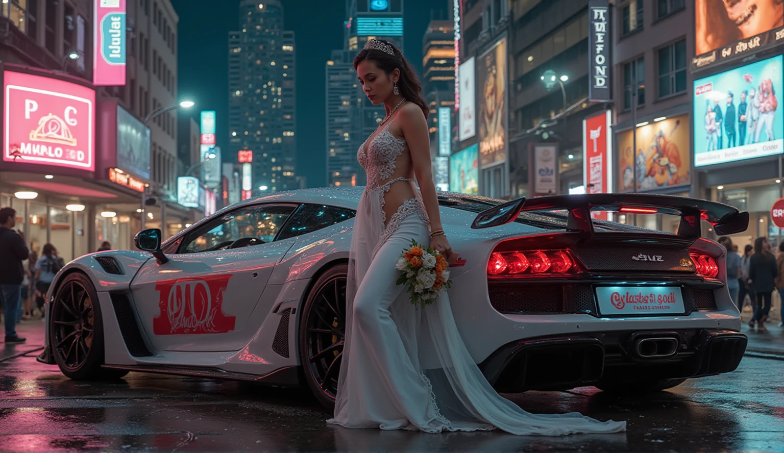 A cyberpunk bride is standing in a cyberpunk city wearing a futuristic outfit adorned in neon and in rich and intricate detailed filigree jewellery, posing, leaning on a sci-fi cyberpunk sports car with the lettering" DD Powered", at night. ultra detailed skin with pores, wind, horizon, sharp light and shadows, neon lights. sci-fi, cyberpunk, cityscape, panorama, ray tracing, DSLR, UHD, 8k, photorealistic, masterpiece, award-winning