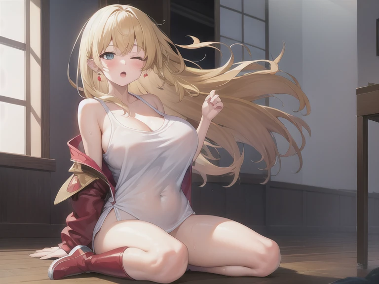 absurdity,       high definition   ,   high quality , 扇wind機, 1 girl, Seiza,  Plus Size Clothing, shiina mahiru, wet t-shirt, bottomless, beautiful hands, beautiful fingers, bare shoulders, deep neckline, bam,  wind, wind lift,   Beautiful Body, beautiful face,  blonde hair   ,   Long hair, open your mouth, eyes closed, Leg spread, indoors, sweat,  super big Breasts , mega big Breasts ,  hyper big Breasts , E-cups,  big nipples ,  protruding nipples, protruding breasts, Powerful thighs, beautiful legs, feet shoes ,  beautiful shoes,  stylish clothes ,  red boots , leather boots, see-through, floating hair, blunt bangs, мастурbamия, pronounced outline ,  female genitals, Beautiful collarbone, blush, big vibrator ,  vibropenis tremors, mega vibrations  ,  red vibrator, semen marks on the face, Penis shape , deep penetration,  satisfying desire , strong desire, beautiful ears , heart earrings  