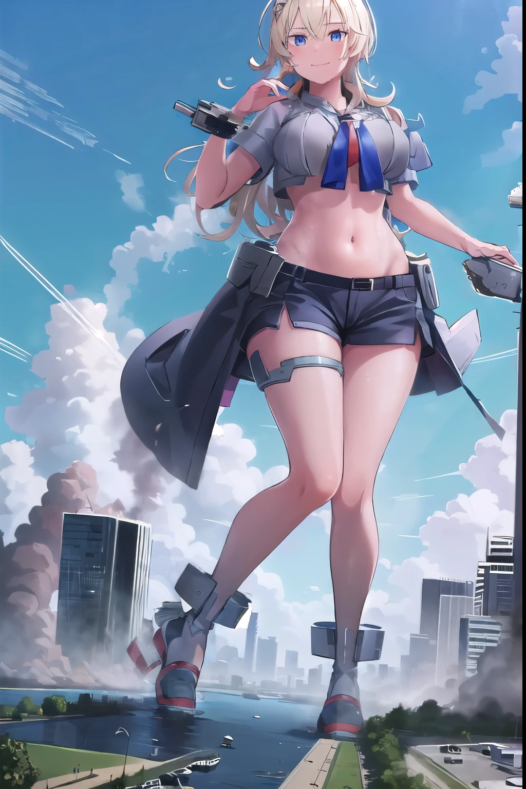 ((giantess)), 1 rapariga, tuscalosa_kancolle, Woman destroying a city, Big cities, Glass building, Pleasure, Long legs, Sweat, Falling sweat, giga giantess, blue sky, (hugebreast), Curvaceous, smile, Background of the metropolis, fullbody, Destroyed City, Dust, anime, panorama, best quality, masterpiece, highres,navel,