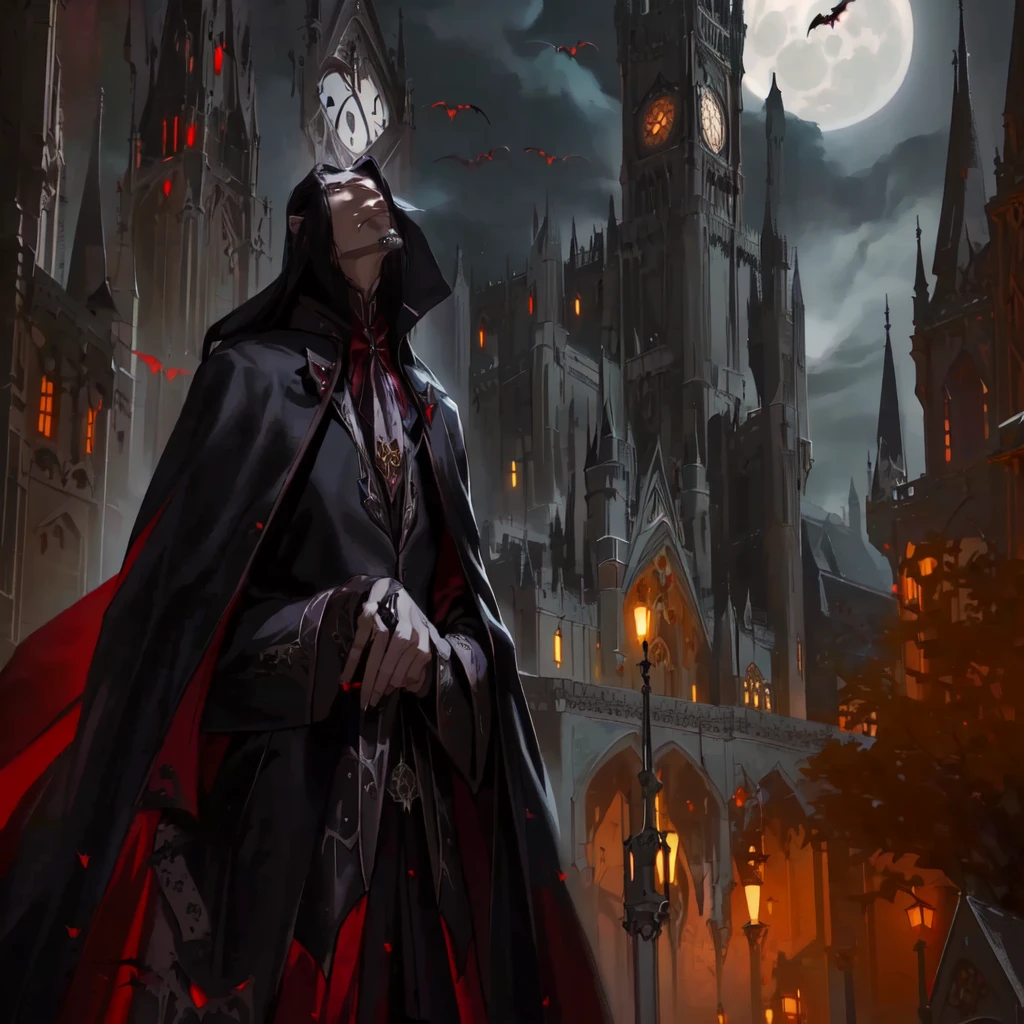 Vampire male , long flowing white hair, black and red cloak, piercing red eyes, menacing expression, powerful aura, standing in a dimly lit chamber,, casting eerie shadows, , adorned with intricate details, with a sinister grin, exuding an aura of darkness, with an intimidating presence, in a gothic castle, with imposing architecture, shrouded in mist, under a blood-red moon, with a storm brewing in the background, creating a foreboding atmosphere, reminiscent of a dark fantasy novel cover, Dracula,with a dramatic lighting, emphasizing the contrast between light and shadow, evoking a sense of mystery and danger, with a touch of supernatural elements and captivating artistry."
