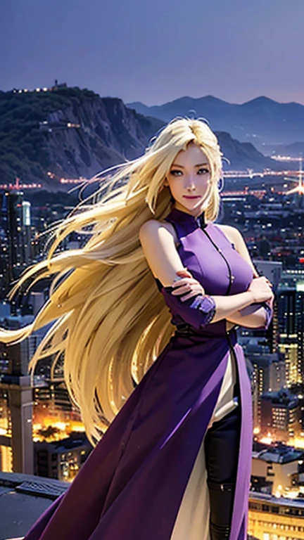 (best quality, ultra-detailed, realistic:1.37), long, flowing yellow hair, beautiful, sparkling blue eyes, captivating smile, wearing a vibrant purple outfit, intricate details on the clothes, bustling city background with tall buildings and bright lights, a single female figure, Ino from the anime "Naruto Shippuden".